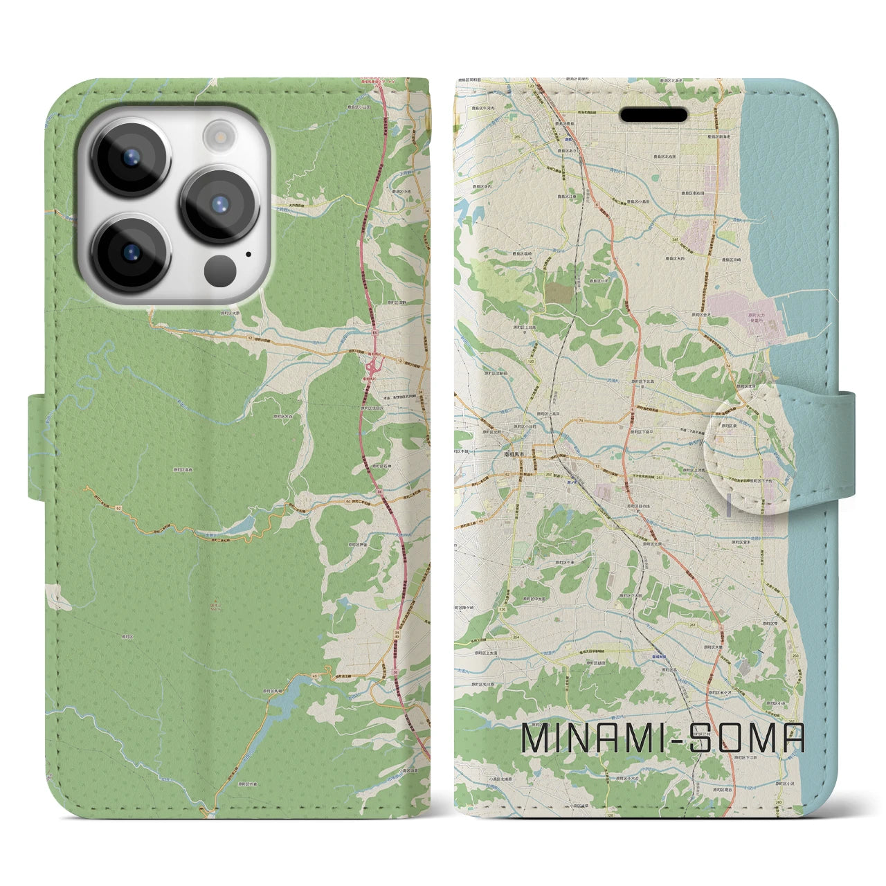 【南相馬(福島県)】地図柄iPhoneケース(手帳タイプ)ナチュラル・iPhone 14 Pro 用