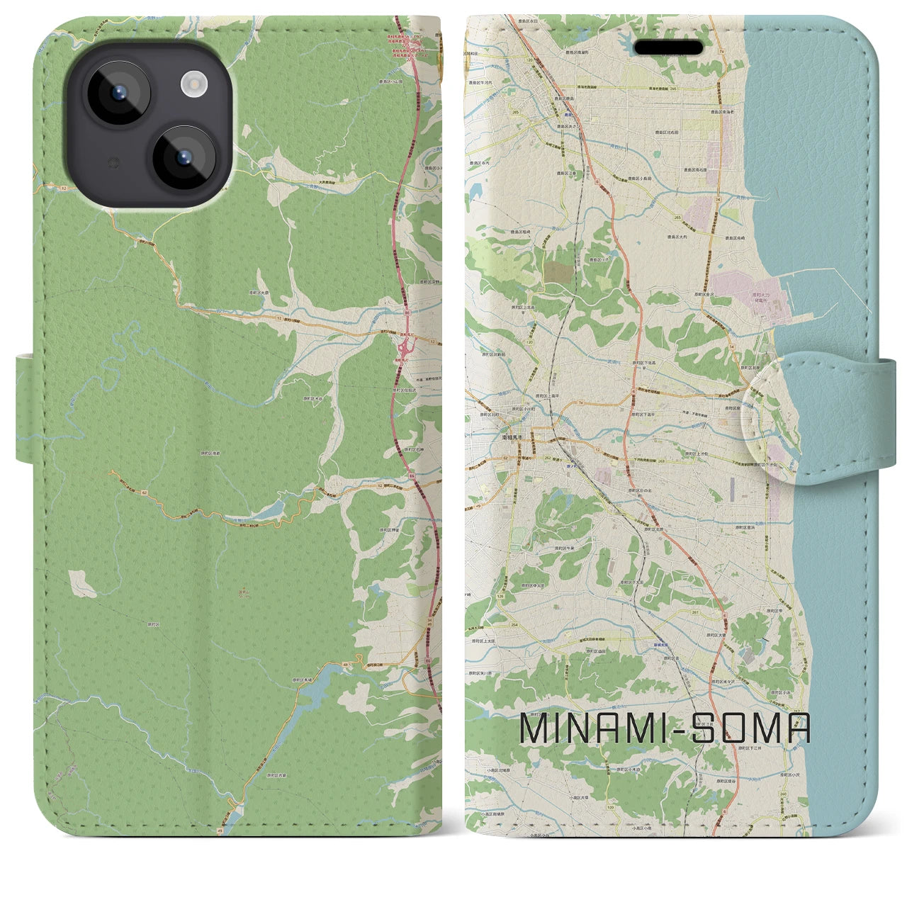 【南相馬(福島県)】地図柄iPhoneケース(手帳タイプ)ナチュラル・iPhone 14 Plus 用