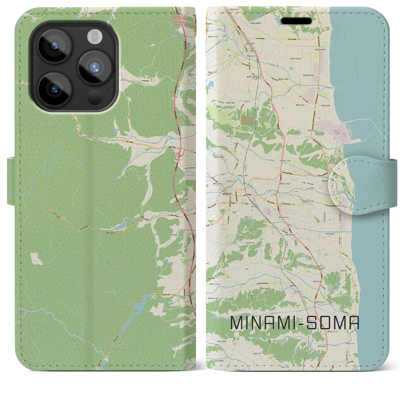【南相馬(福島県)】地図柄iPhoneケース(手帳タイプ)ナチュラル・iPhone 15 Pro Max 用