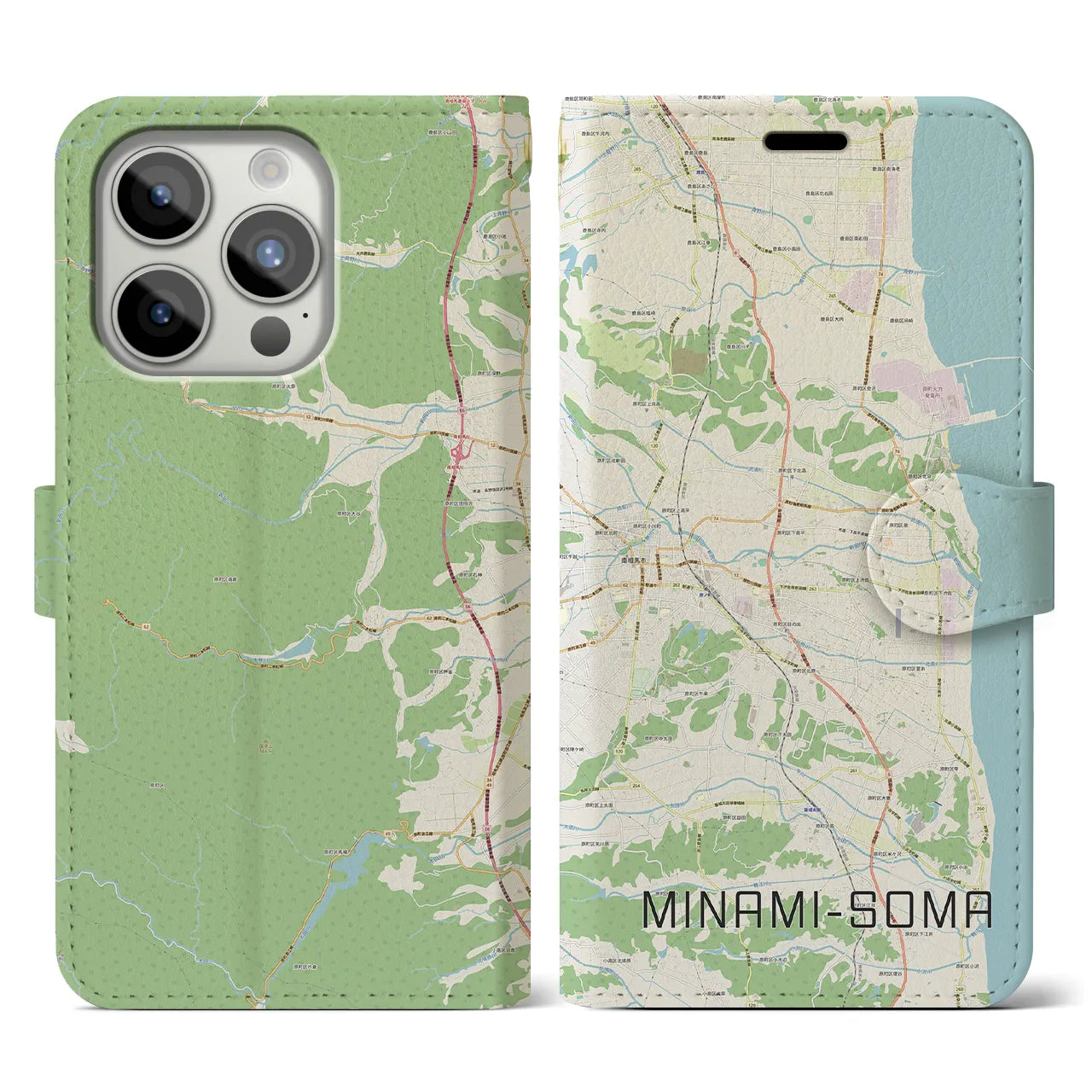 【南相馬(福島県)】地図柄iPhoneケース(手帳タイプ)ナチュラル・iPhone 15 Pro 用
