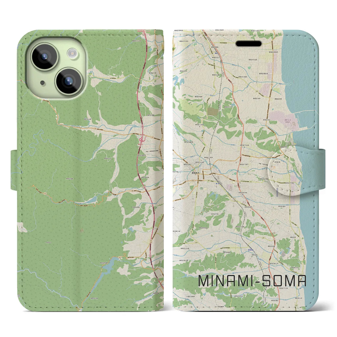 【南相馬(福島県)】地図柄iPhoneケース(手帳タイプ)ナチュラル・iPhone 15 用