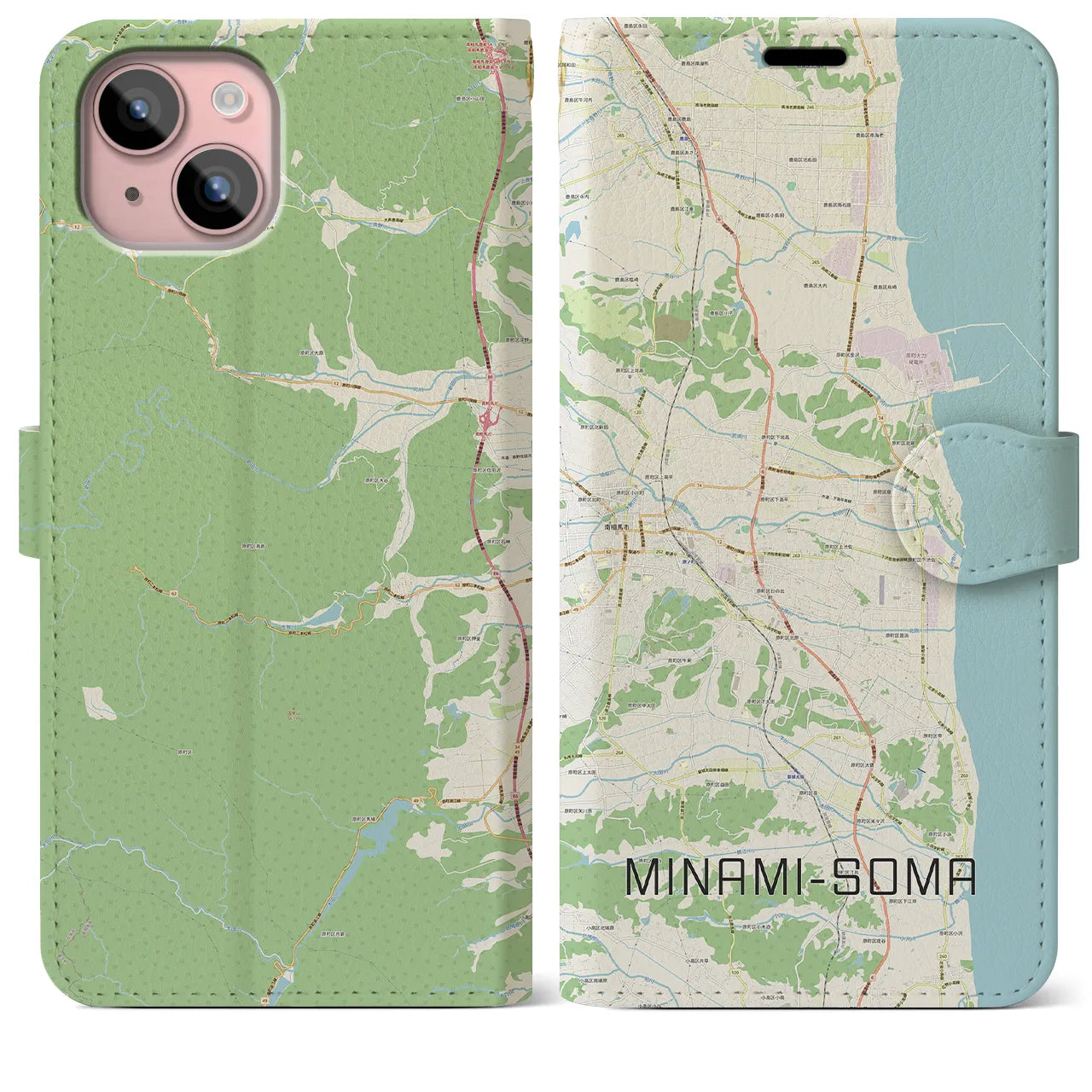 【南相馬(福島県)】地図柄iPhoneケース(手帳タイプ)ナチュラル・iPhone 15 Plus 用