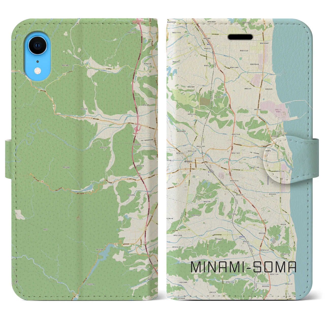 【南相馬(福島県)】地図柄iPhoneケース(手帳タイプ)ナチュラル・iPhone XR 用