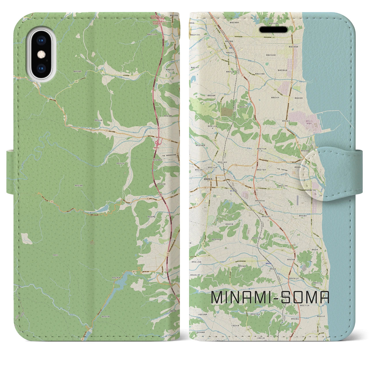 【南相馬(福島県)】地図柄iPhoneケース(手帳タイプ)ナチュラル・iPhone XS Max 用