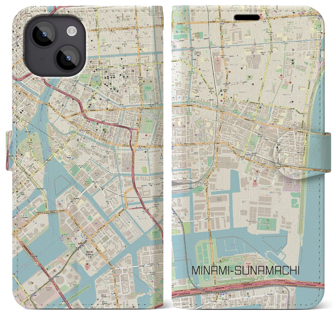 【南砂町(東京都)】地図柄iPhoneケース(手帳タイプ)ナチュラル・iPhone 14 Plus 用