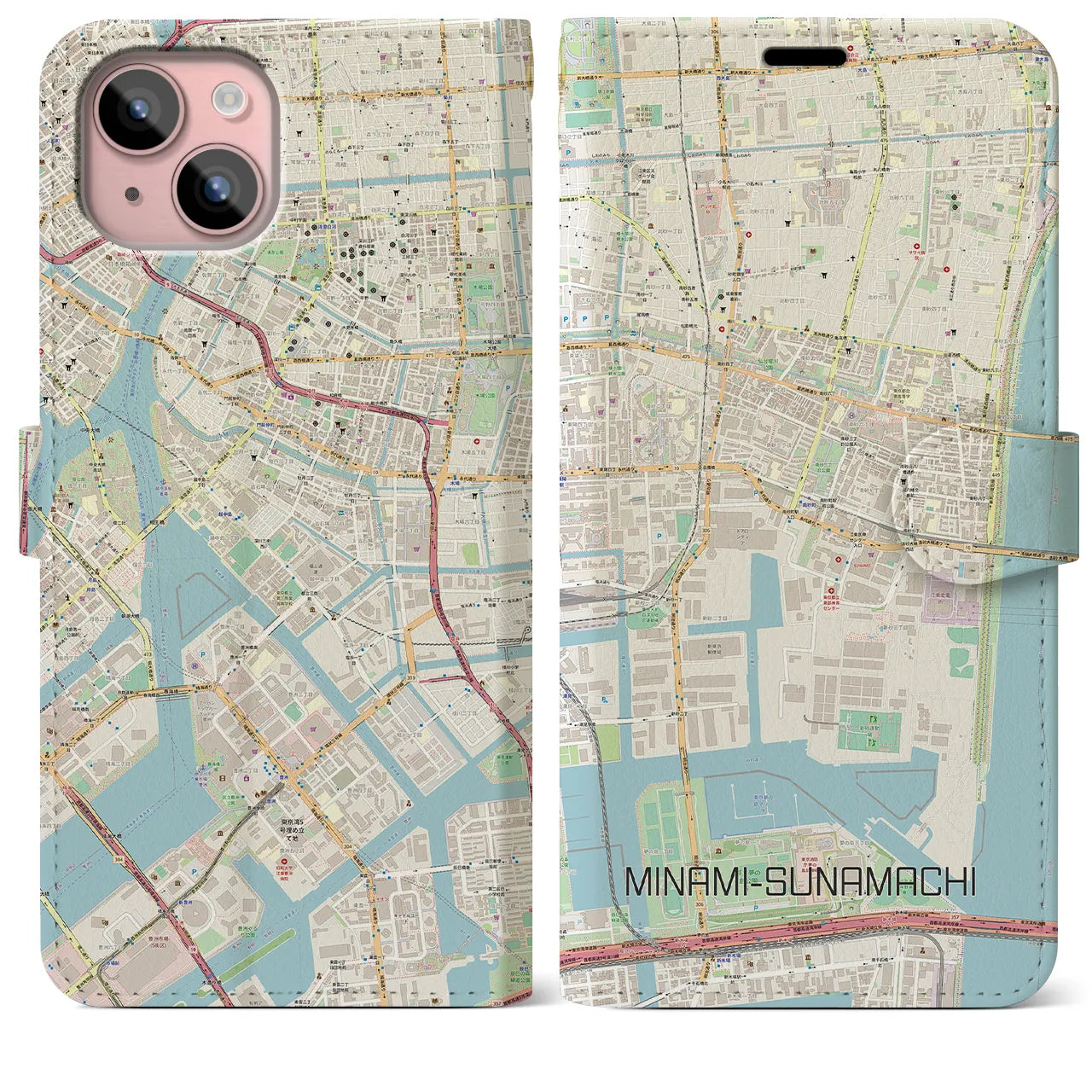 【南砂町(東京都)】地図柄iPhoneケース(手帳タイプ)ナチュラル・iPhone 15 Plus 用