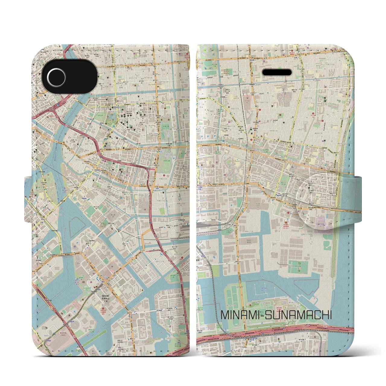 【南砂町(東京都)】地図柄iPhoneケース(手帳タイプ)ナチュラル・iPhone SE(第3 / 第2世代) / 8 / 7 / 6s / 6 用