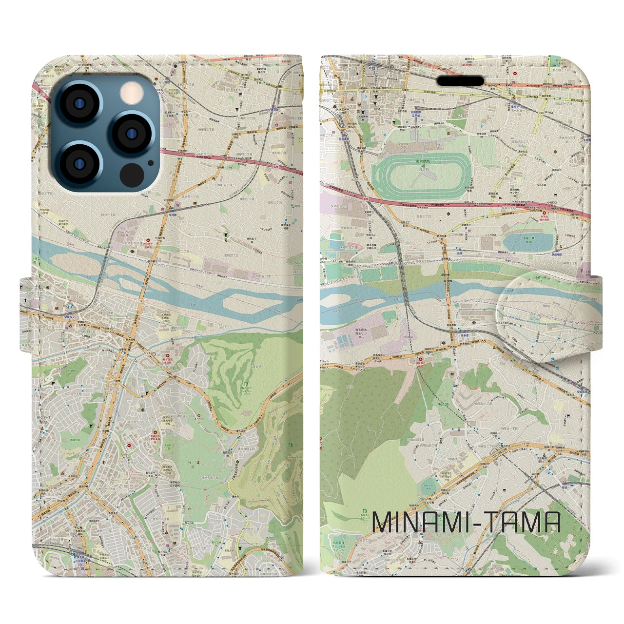 【南多摩(東京都)】地図柄iPhoneケース(手帳タイプ)ナチュラル・iPhone 12 / 12 Pro 用