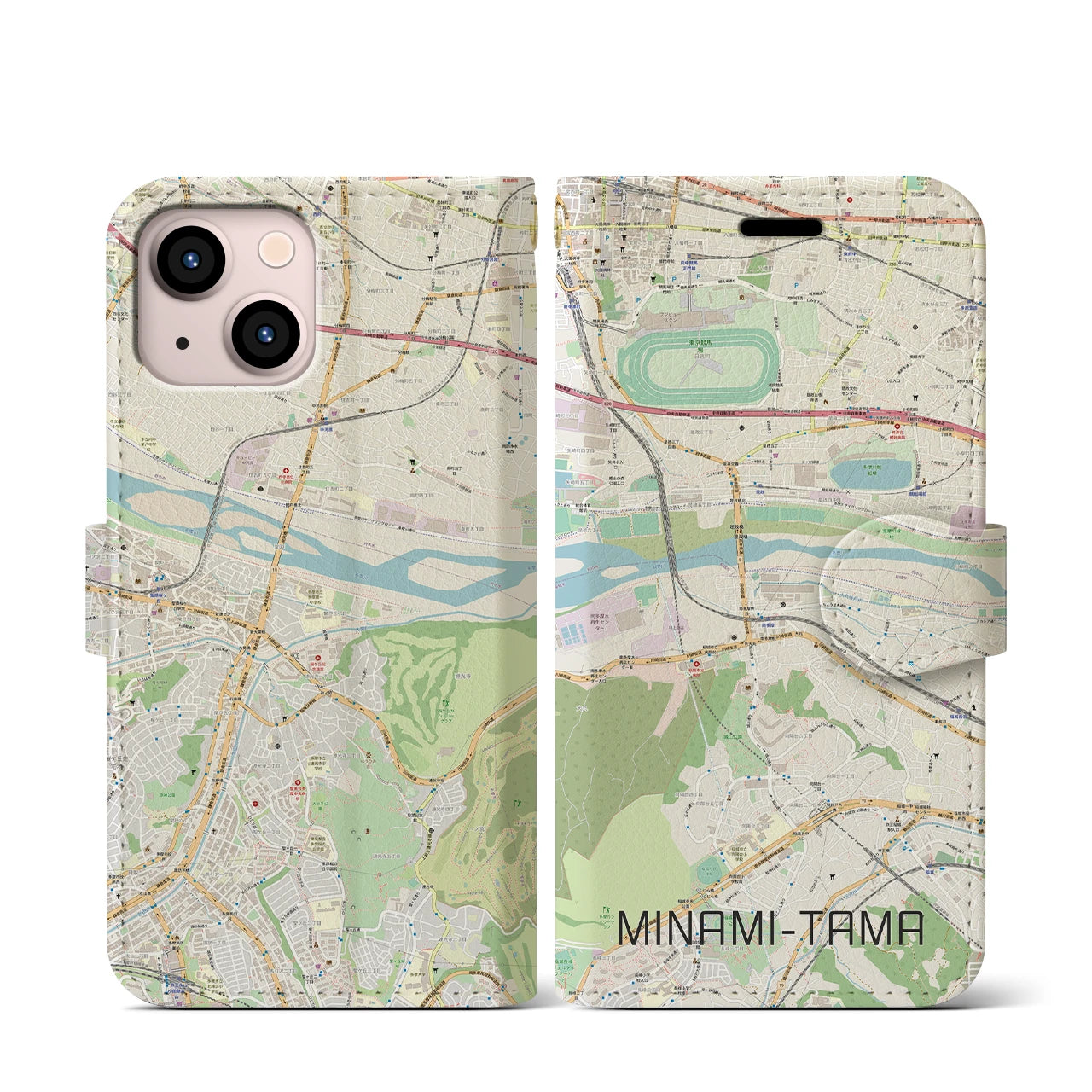 【南多摩(東京都)】地図柄iPhoneケース(手帳タイプ)ナチュラル・iPhone 13 mini 用