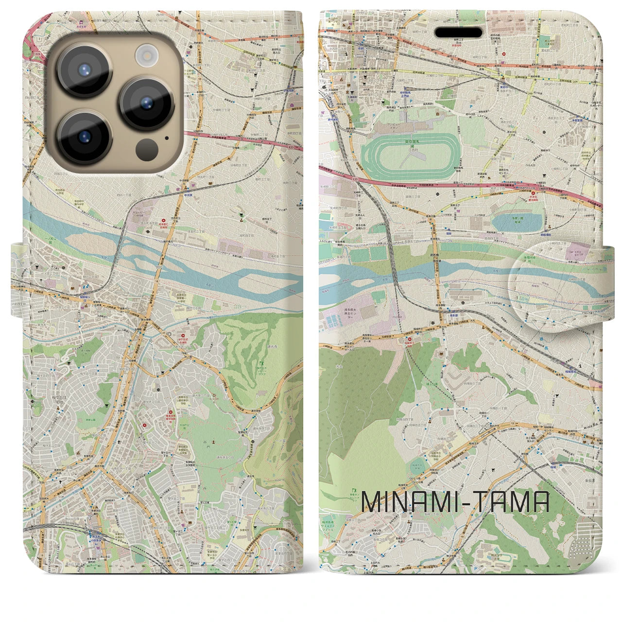 【南多摩(東京都)】地図柄iPhoneケース(手帳タイプ)ナチュラル・iPhone 14 Pro Max 用