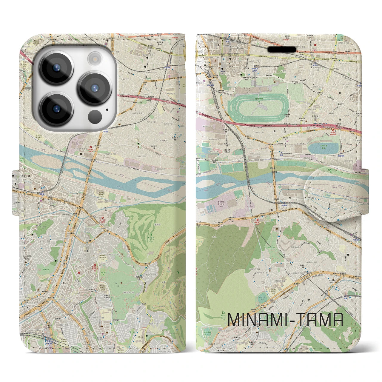 【南多摩(東京都)】地図柄iPhoneケース(手帳タイプ)ナチュラル・iPhone 14 Pro 用