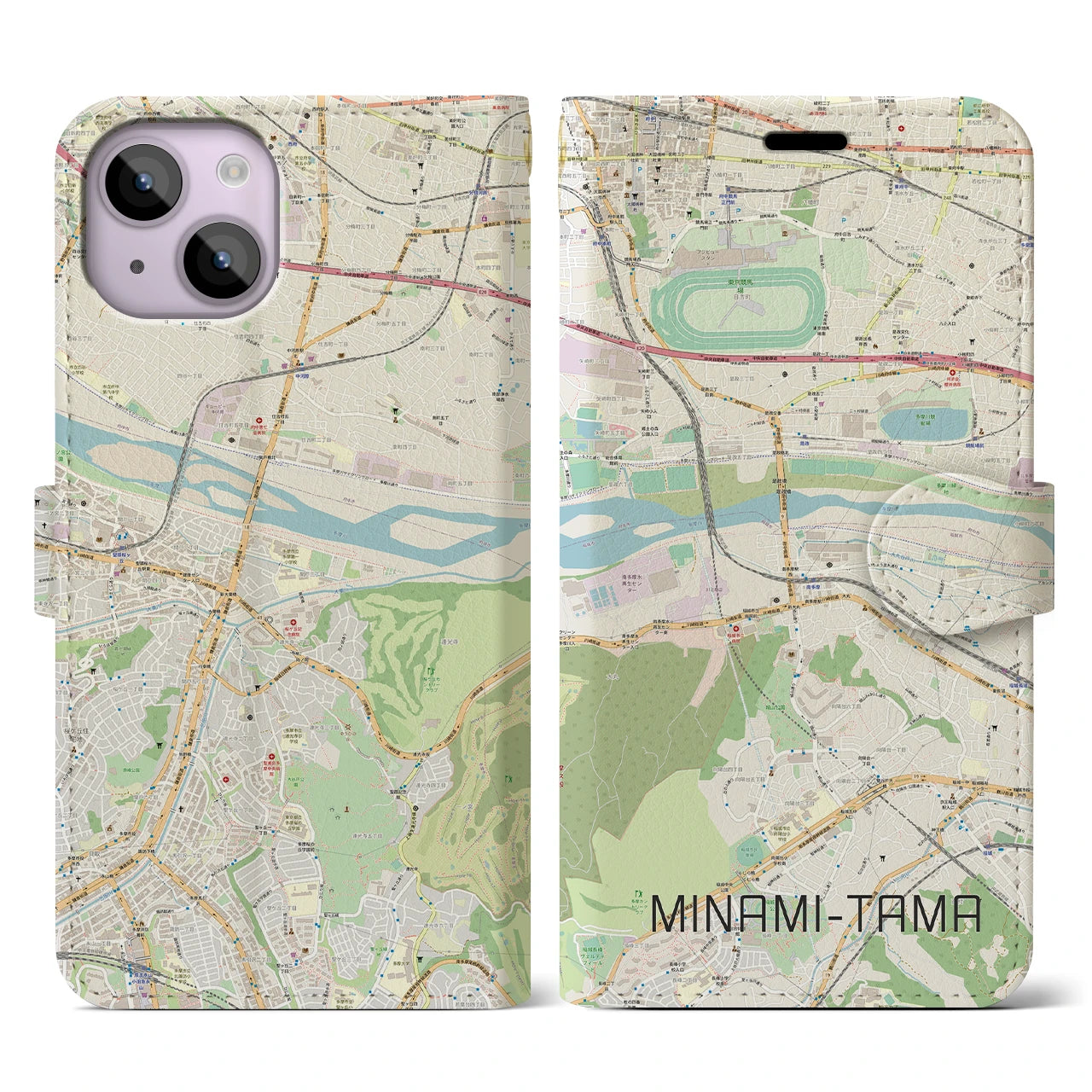 【南多摩(東京都)】地図柄iPhoneケース(手帳タイプ)ナチュラル・iPhone 14 用