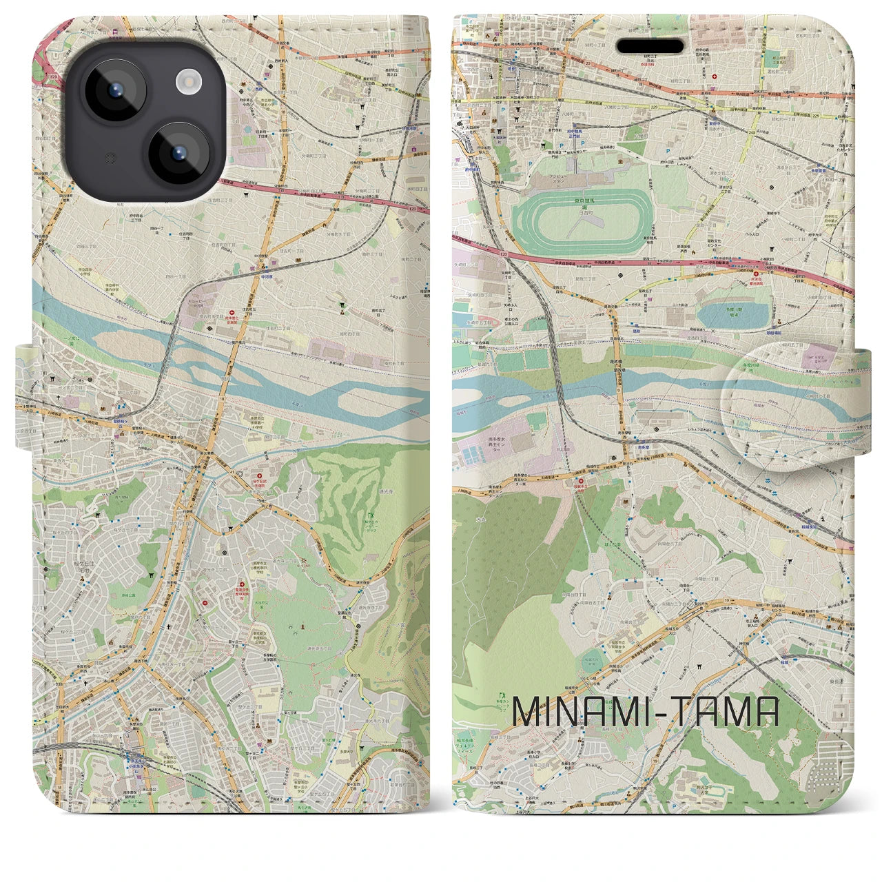 【南多摩(東京都)】地図柄iPhoneケース(手帳タイプ)ナチュラル・iPhone 14 Plus 用