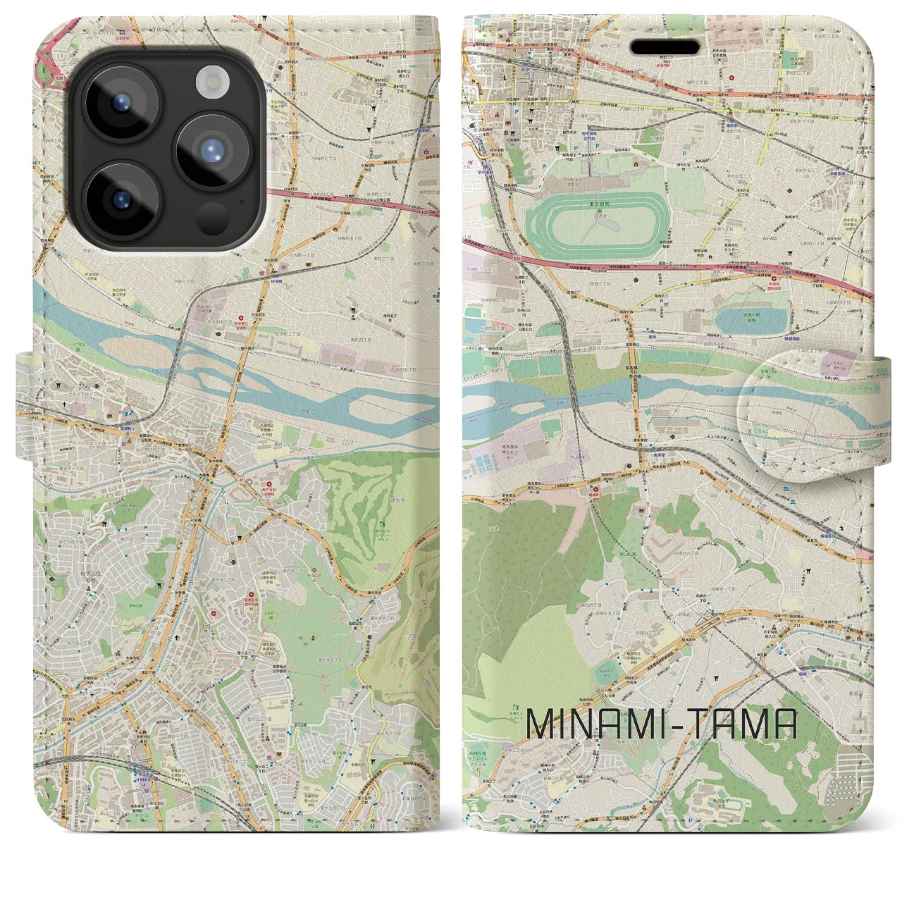 【南多摩(東京都)】地図柄iPhoneケース(手帳タイプ)ナチュラル・iPhone 15 Pro Max 用