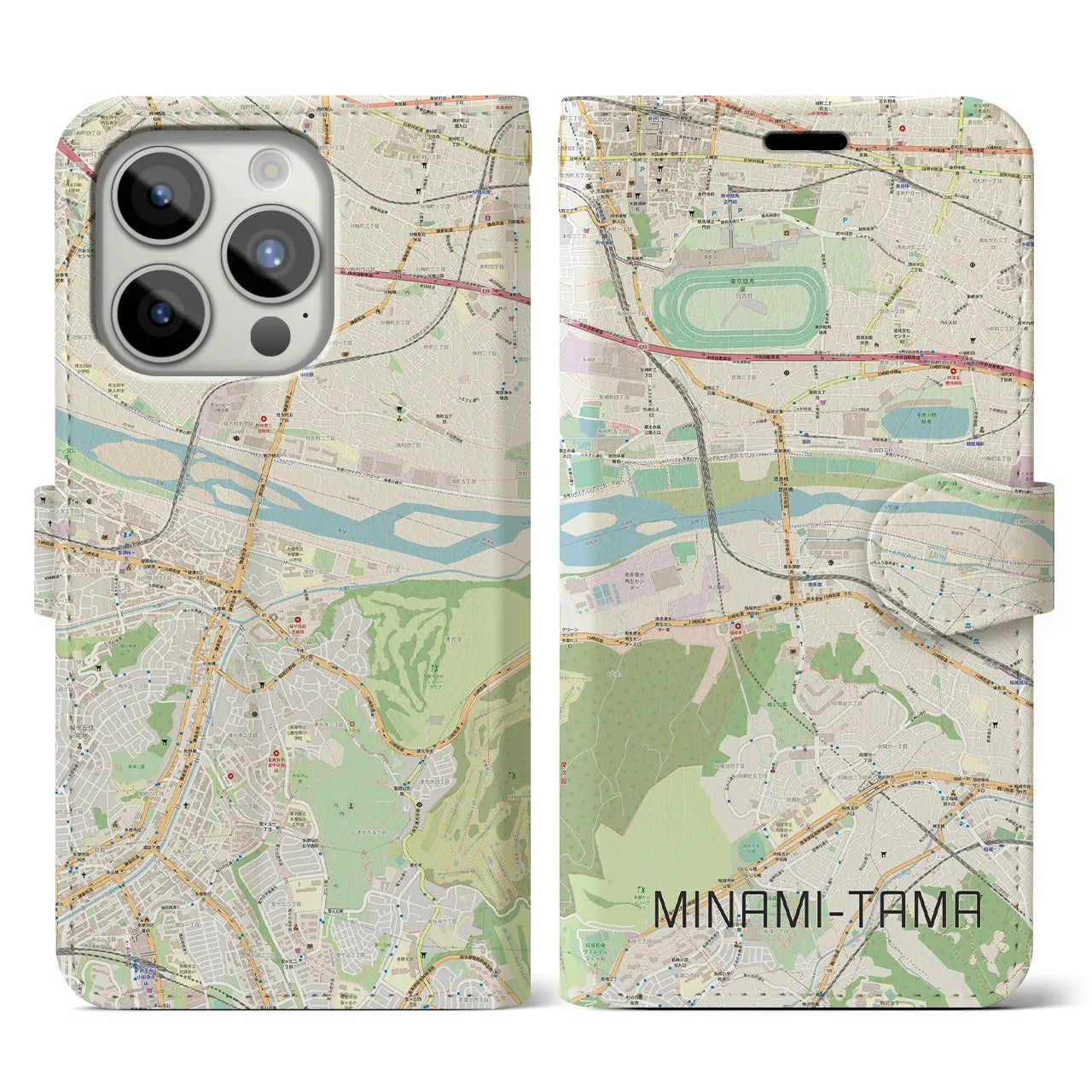 【南多摩(東京都)】地図柄iPhoneケース(手帳タイプ)ナチュラル・iPhone 15 Pro 用