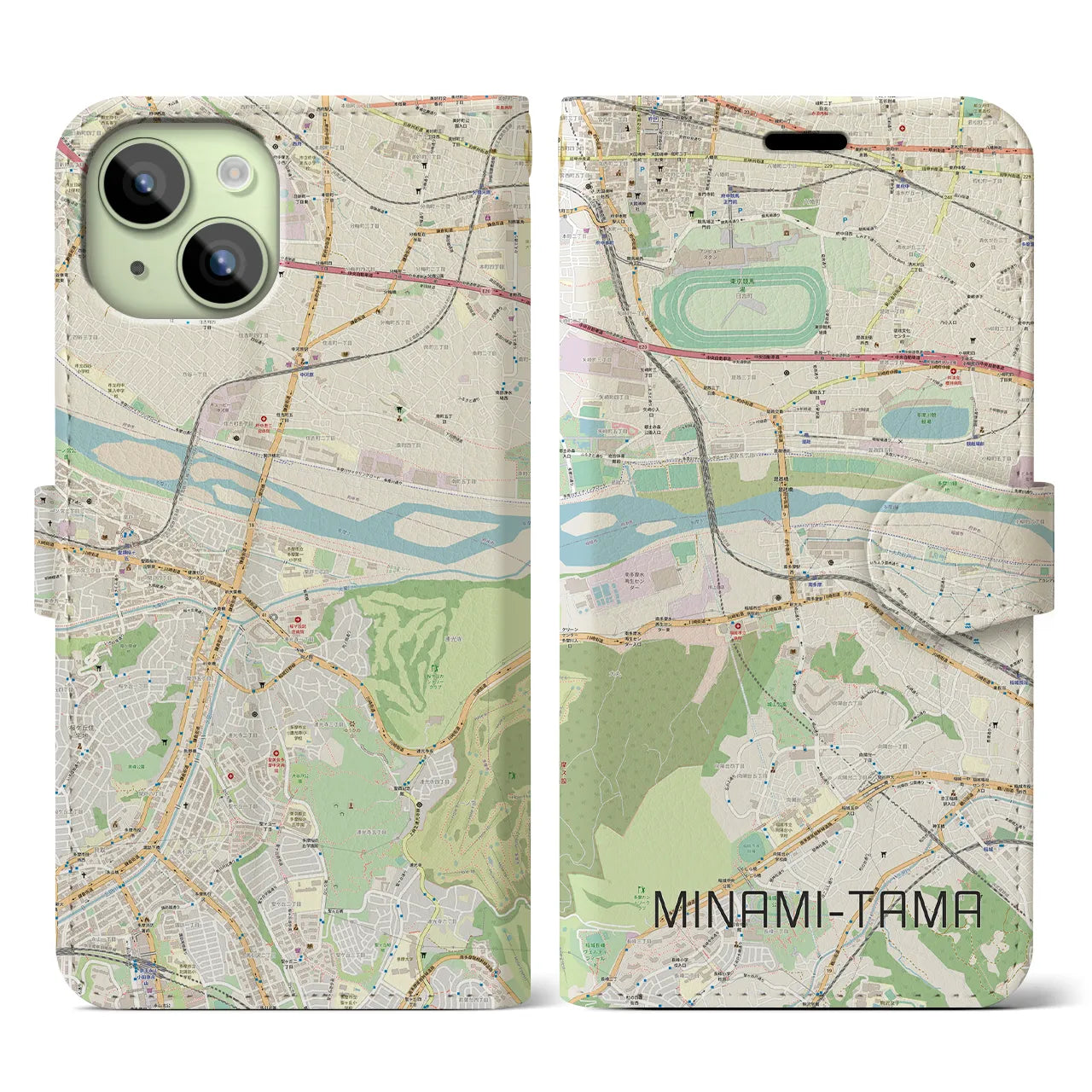 【南多摩(東京都)】地図柄iPhoneケース(手帳タイプ)ナチュラル・iPhone 15 用