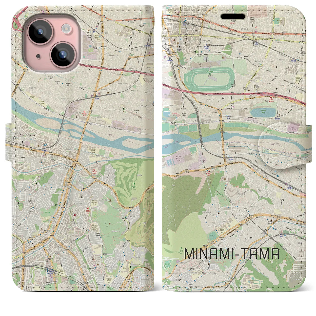 【南多摩(東京都)】地図柄iPhoneケース(手帳タイプ)ナチュラル・iPhone 15 Plus 用