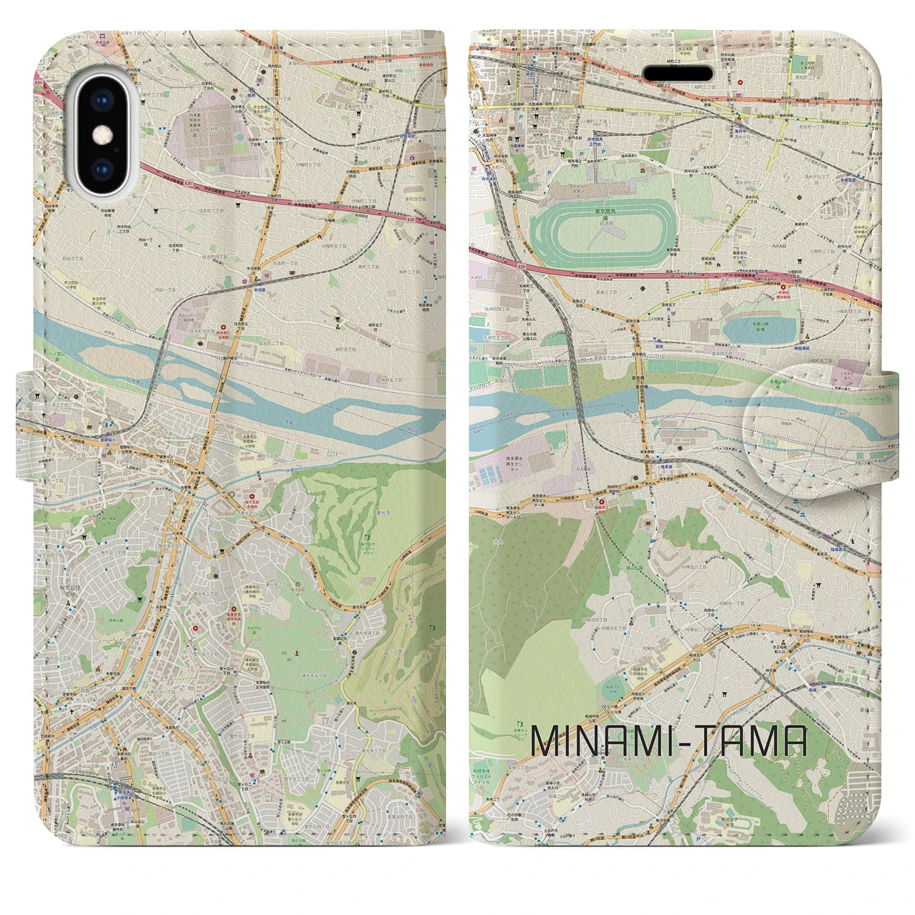 【南多摩(東京都)】地図柄iPhoneケース(手帳タイプ)ナチュラル・iPhone XS Max 用