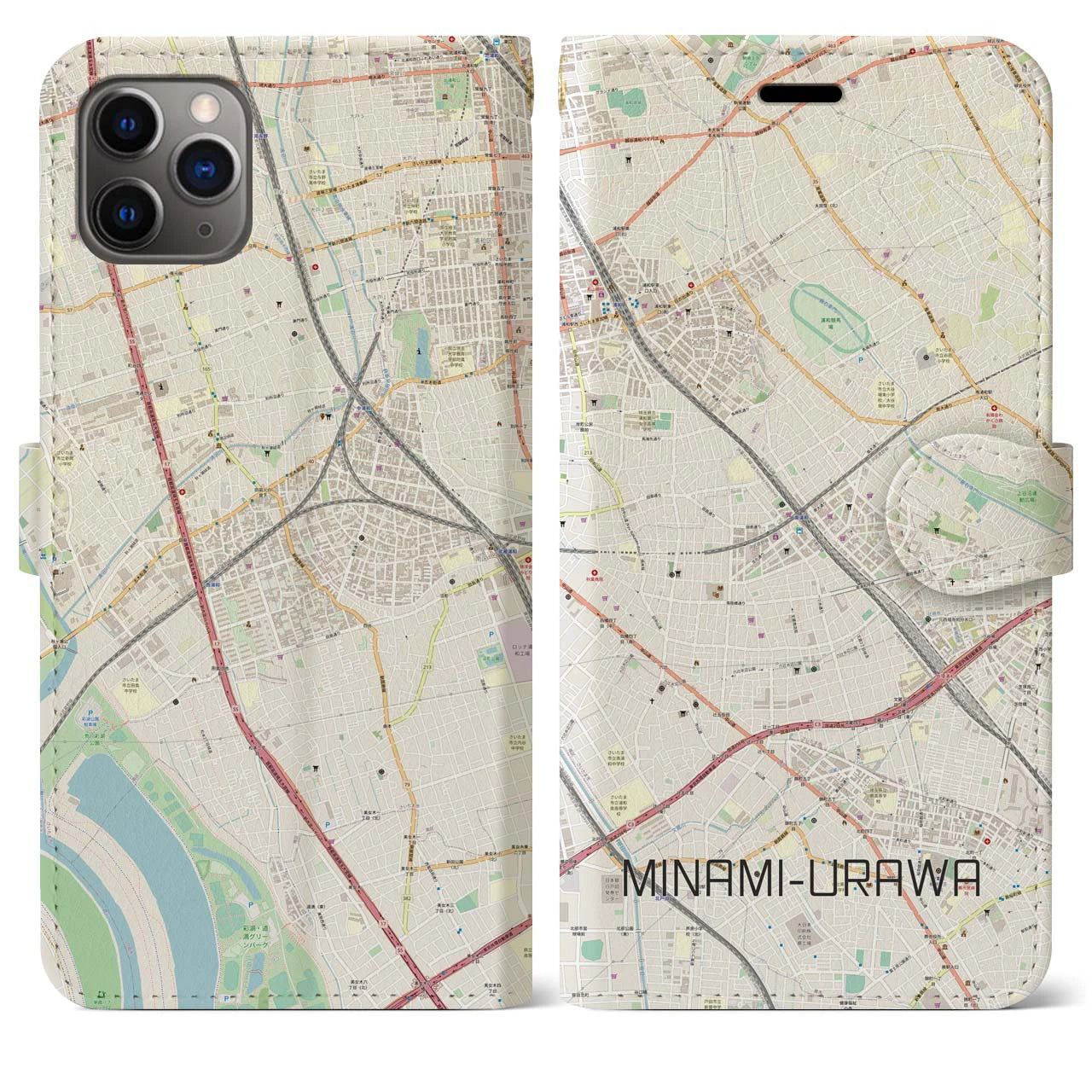 【南浦和(埼玉県)】地図柄iPhoneケース(手帳タイプ)ナチュラル・iPhone 11 Pro Max 用