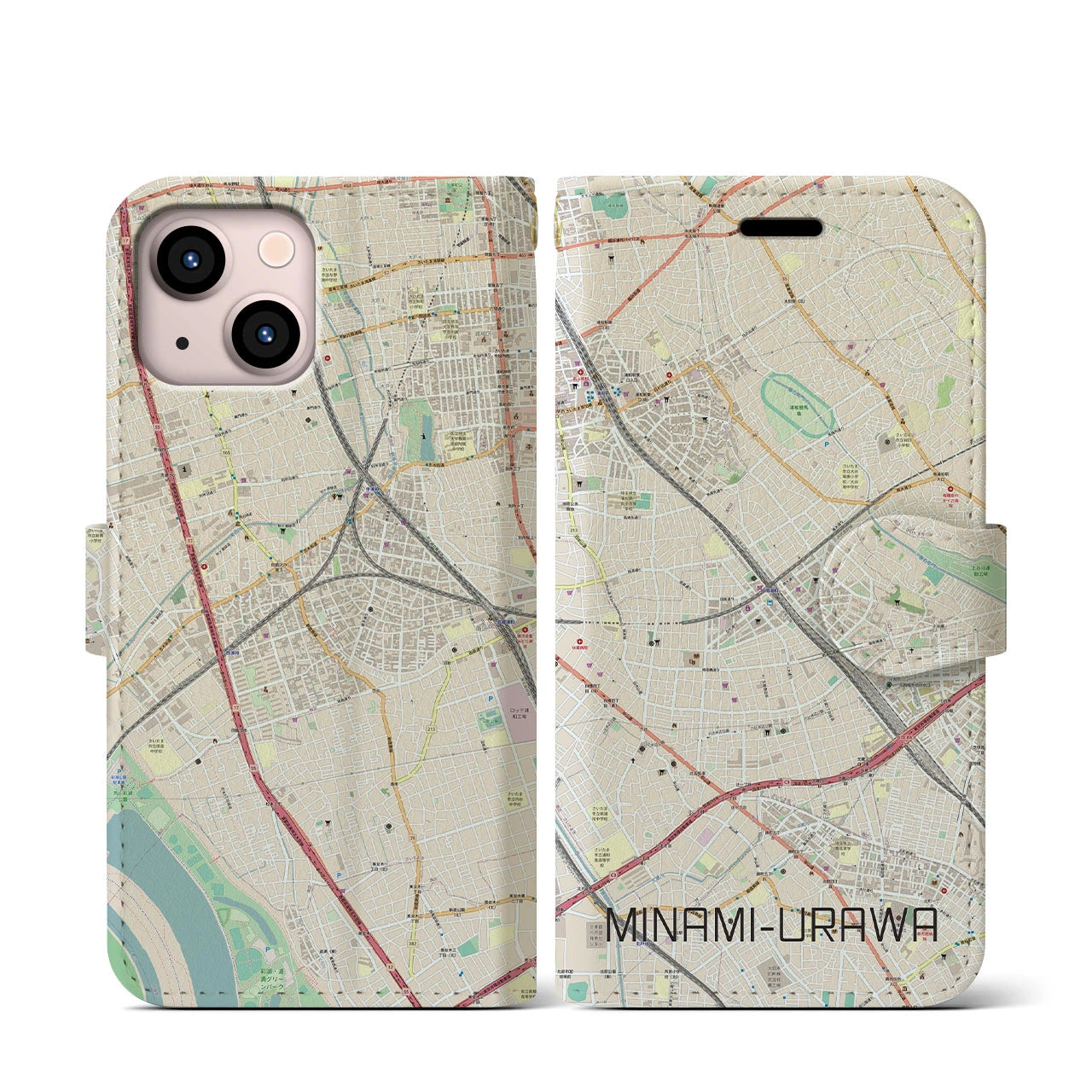 【南浦和(埼玉県)】地図柄iPhoneケース(手帳タイプ)ナチュラル・iPhone 13 mini 用