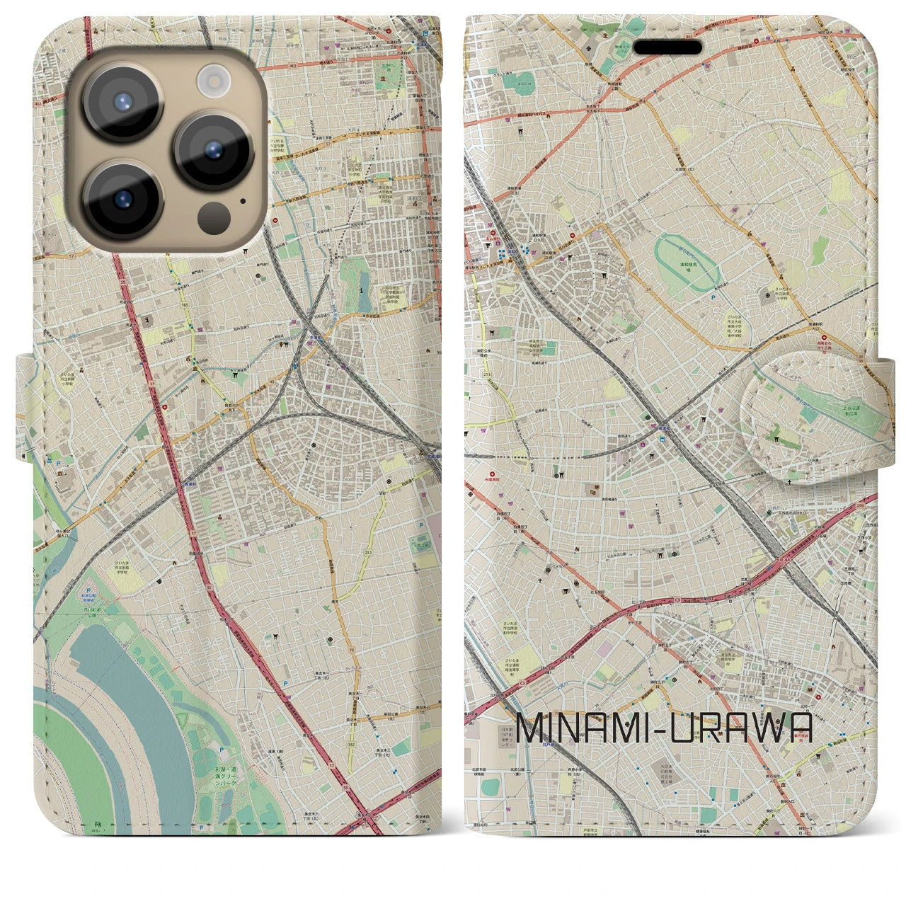 【南浦和(埼玉県)】地図柄iPhoneケース(手帳タイプ)ナチュラル・iPhone 14 Pro Max 用