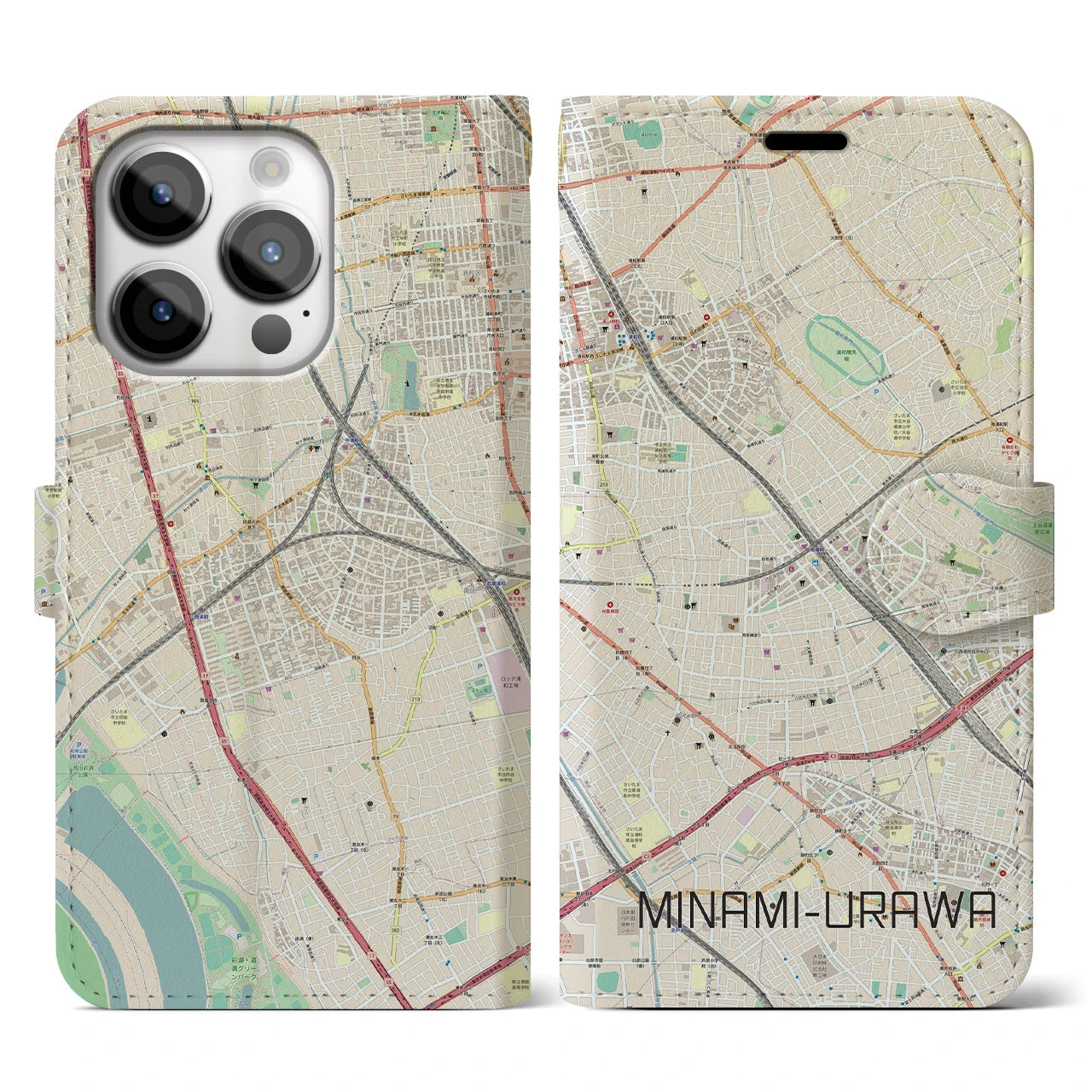 【南浦和(埼玉県)】地図柄iPhoneケース(手帳タイプ)ナチュラル・iPhone 14 Pro 用