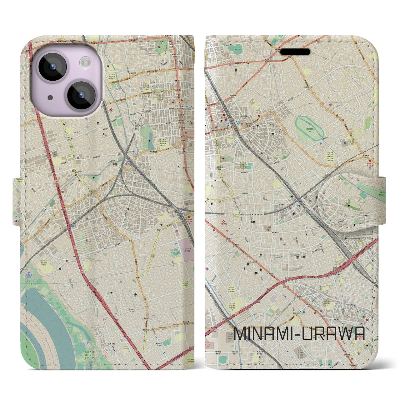 【南浦和(埼玉県)】地図柄iPhoneケース(手帳タイプ)ナチュラル・iPhone 14 用