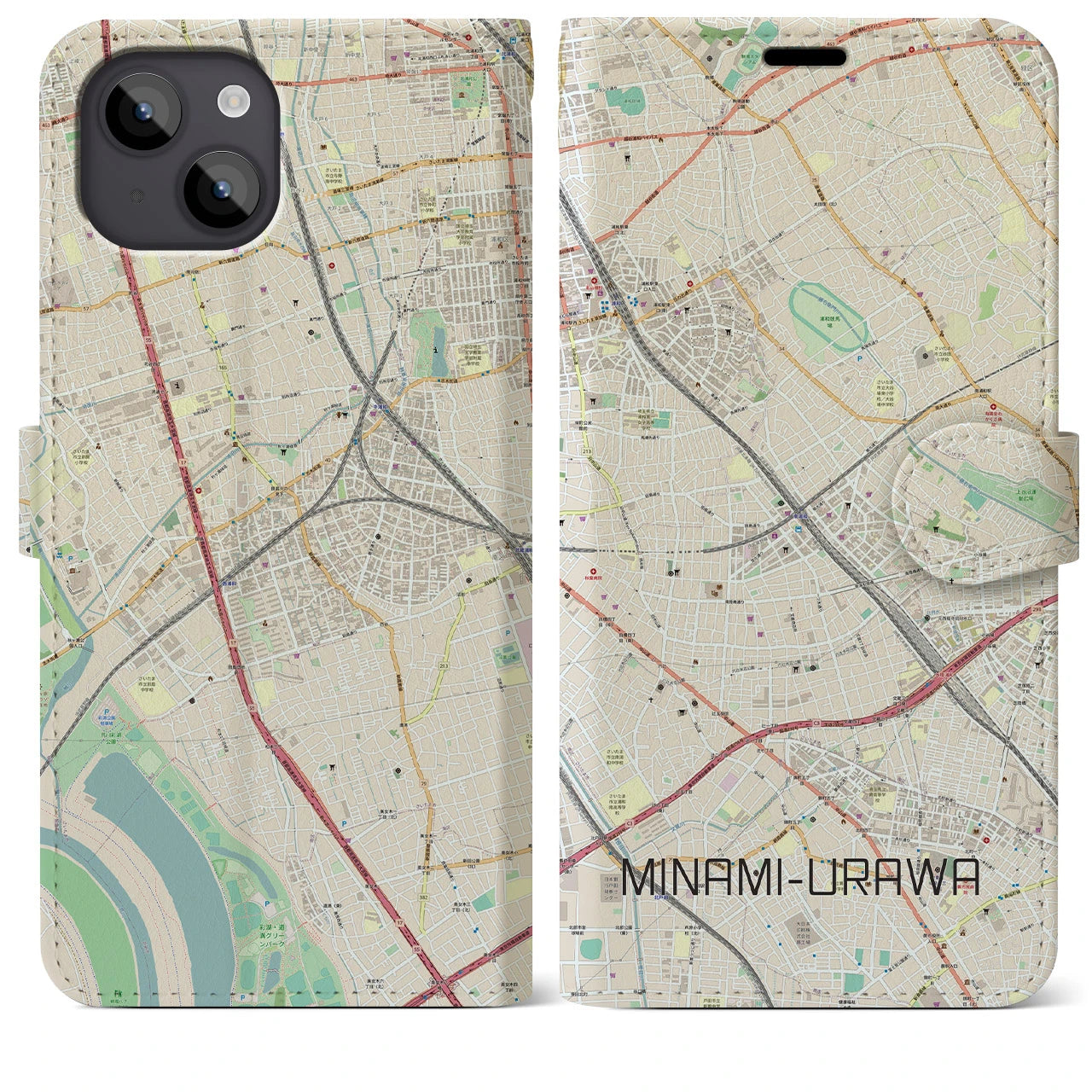 【南浦和(埼玉県)】地図柄iPhoneケース(手帳タイプ)ナチュラル・iPhone 14 Plus 用