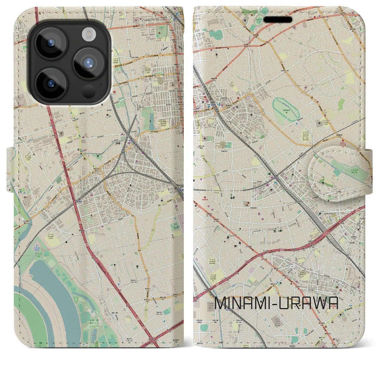 【南浦和(埼玉県)】地図柄iPhoneケース(手帳タイプ)ナチュラル・iPhone 15 Pro Max 用