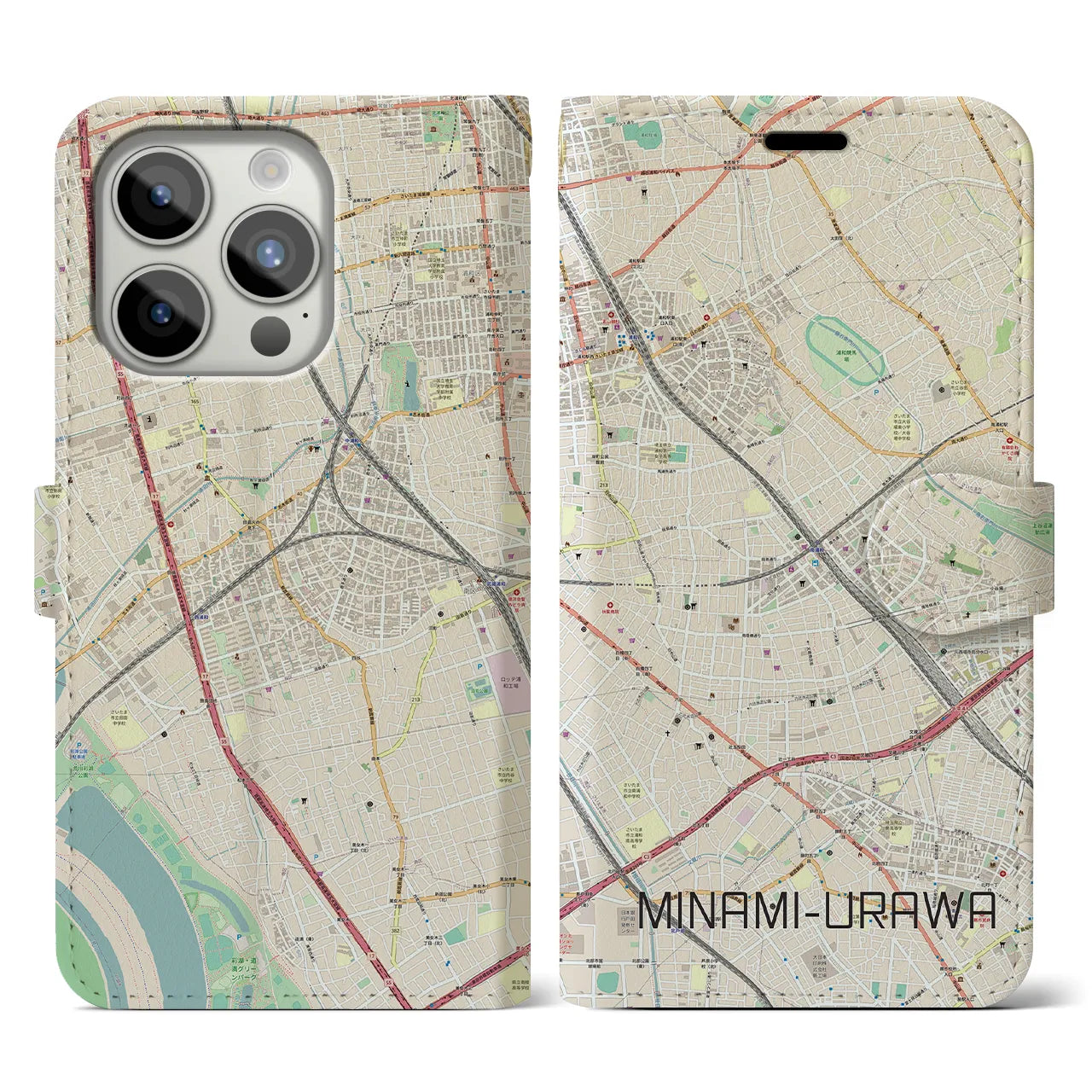 【南浦和(埼玉県)】地図柄iPhoneケース(手帳タイプ)ナチュラル・iPhone 15 Pro 用