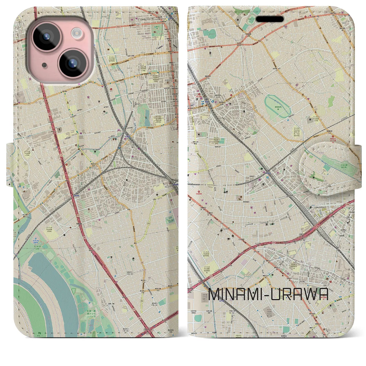 【南浦和(埼玉県)】地図柄iPhoneケース(手帳タイプ)ナチュラル・iPhone 15 Plus 用