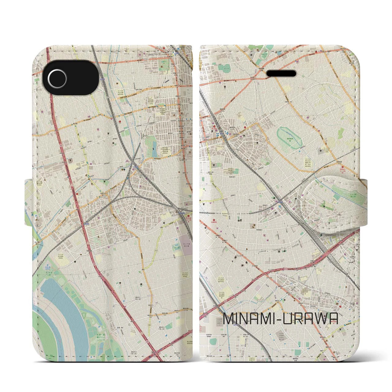 【南浦和(埼玉県)】地図柄iPhoneケース(手帳タイプ)ナチュラル・iPhone SE(第3 / 第2世代) / 8 / 7 / 6s / 6 用