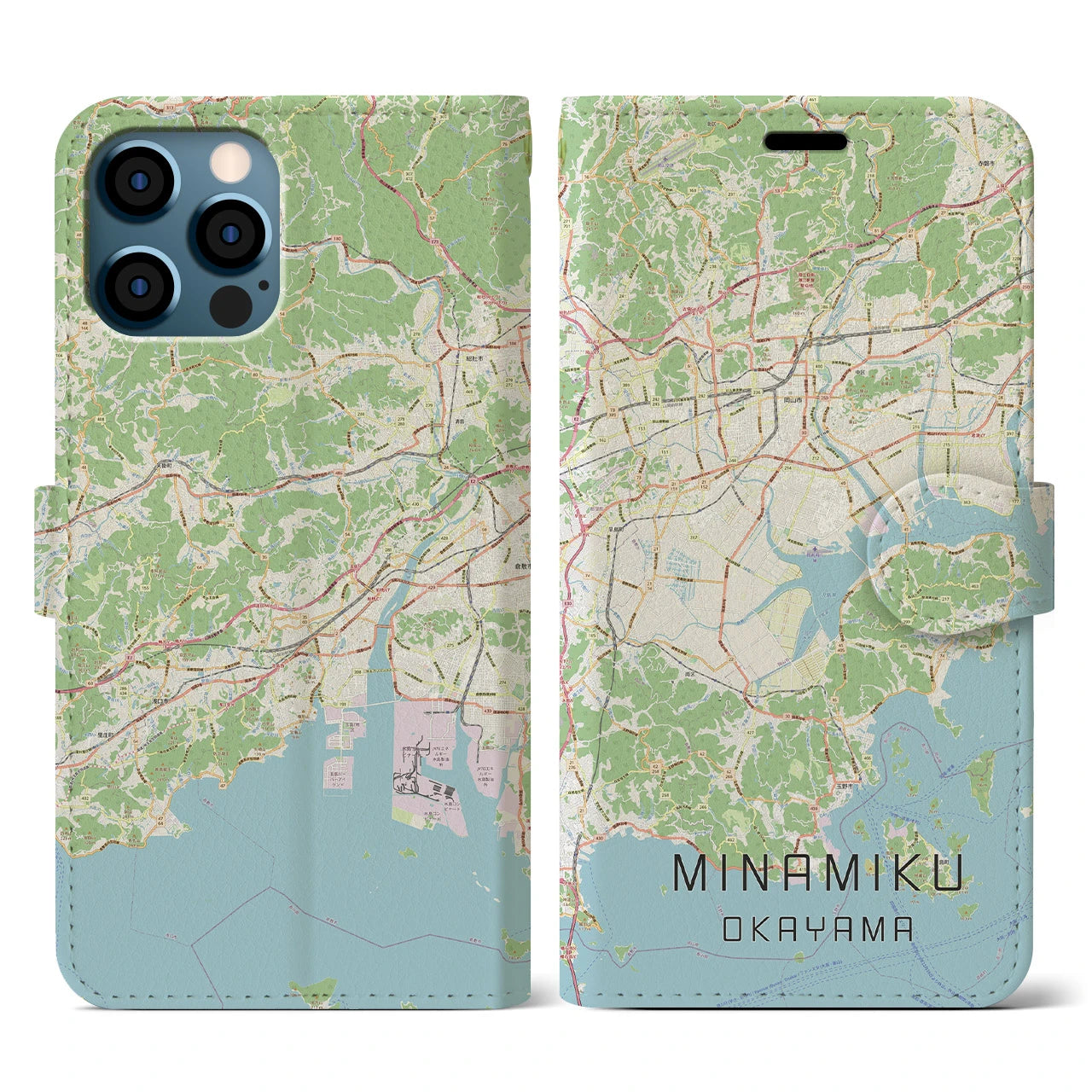 【南区(岡山市)】地図柄iPhoneケース(手帳タイプ)ナチュラル・iPhone 12 / 12 Pro 用