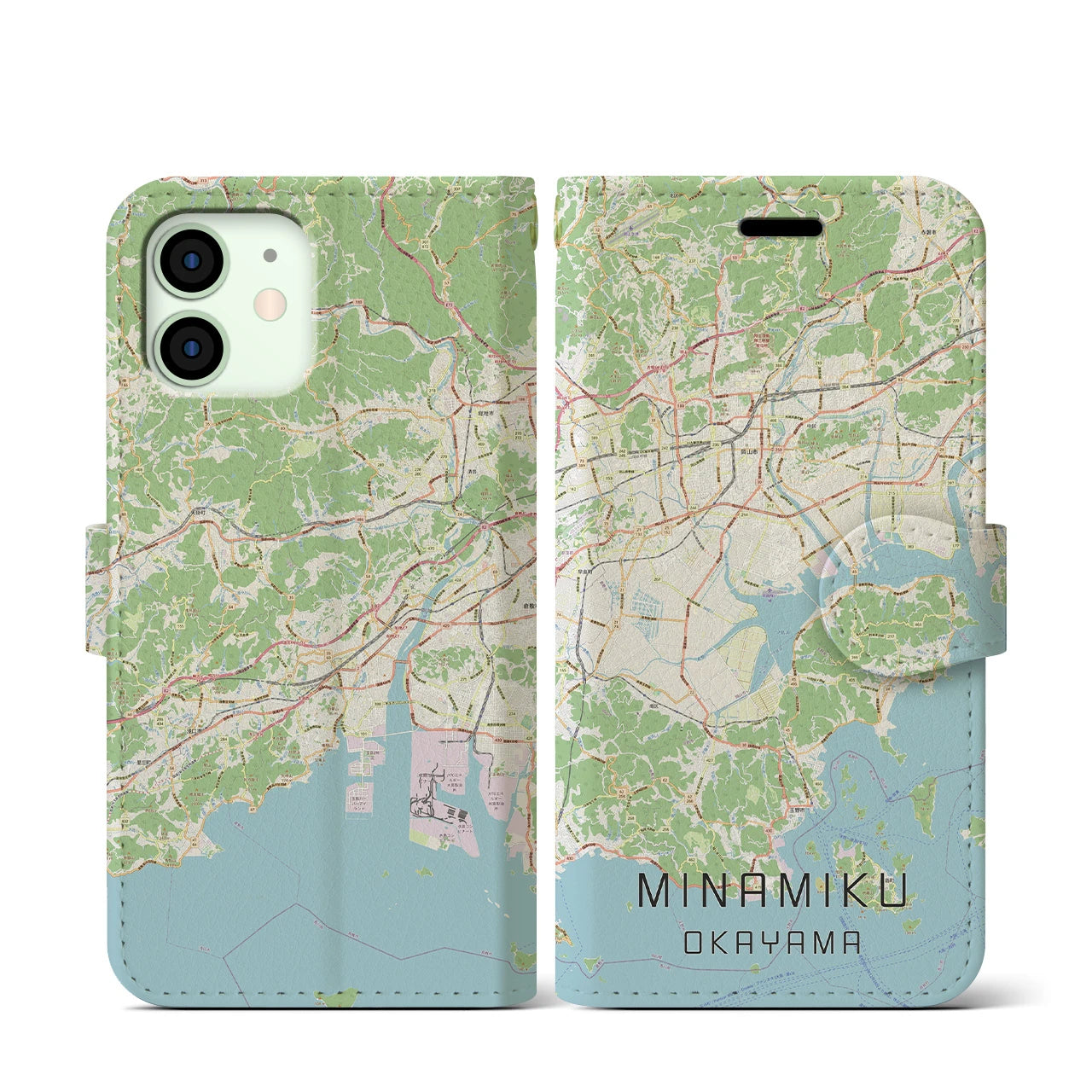 【南区(岡山市)】地図柄iPhoneケース(手帳タイプ)ナチュラル・iPhone 12 mini 用