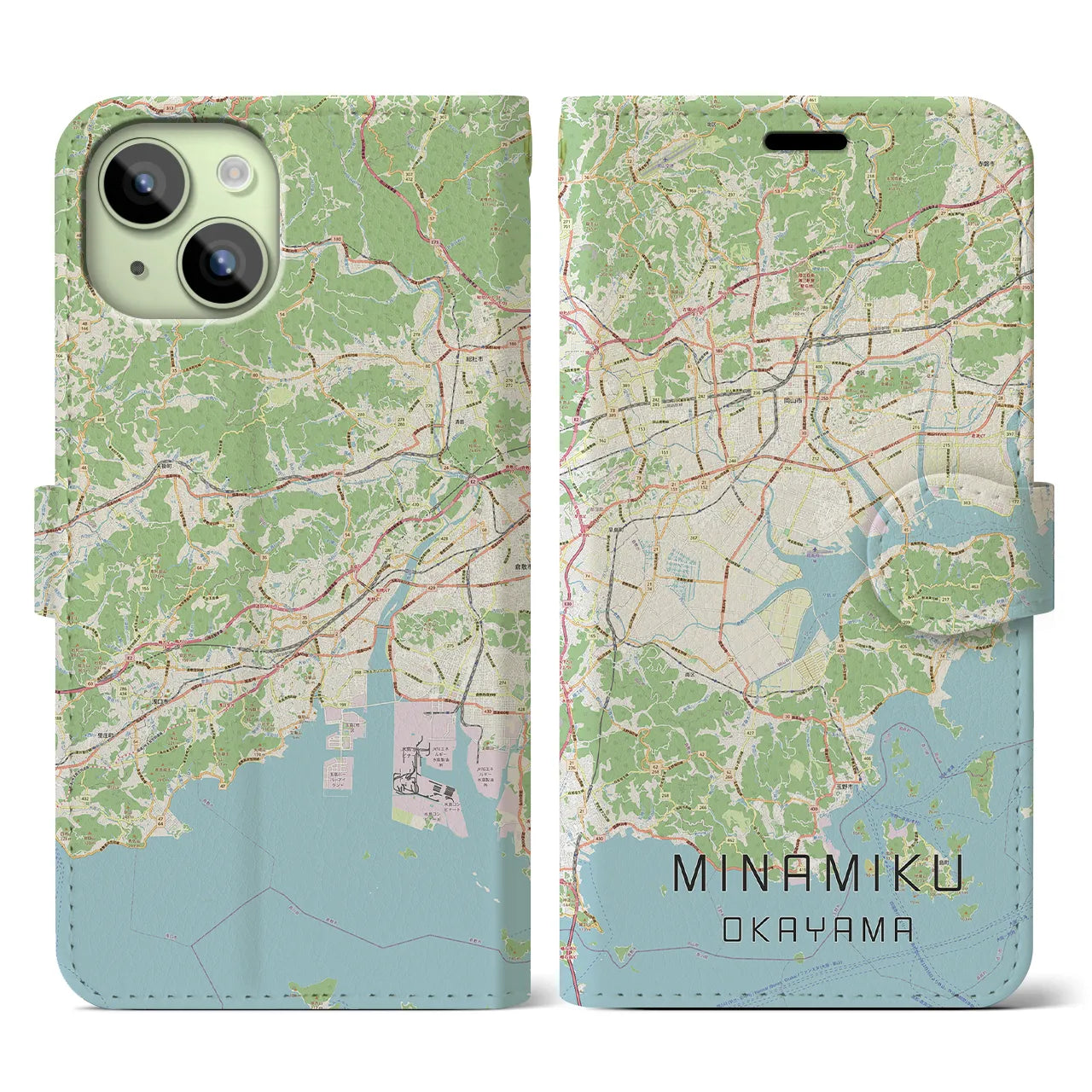 【南区(岡山市)】地図柄iPhoneケース(手帳タイプ)ナチュラル・iPhone 15 用