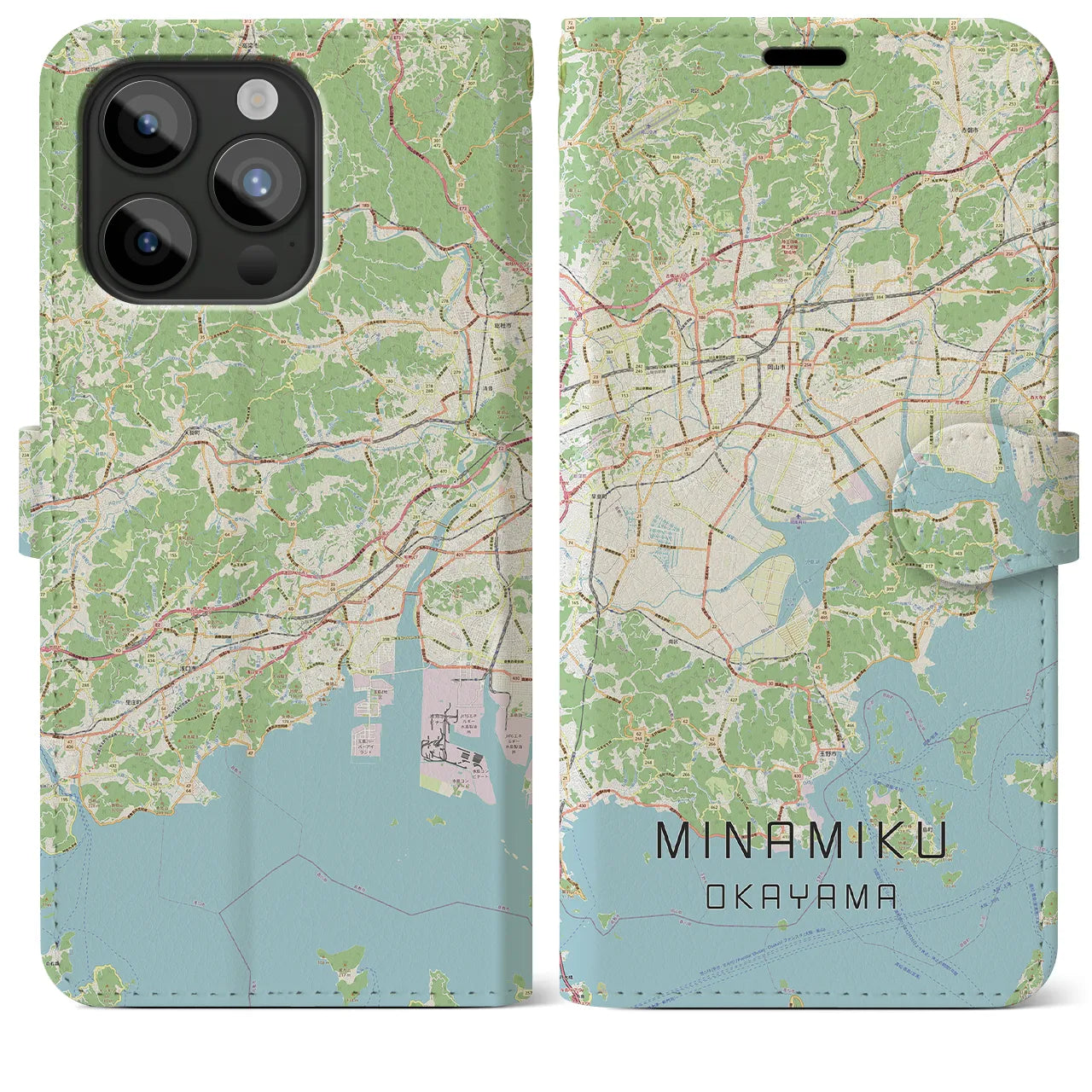 【南区(岡山市)】地図柄iPhoneケース(手帳タイプ)ナチュラル・iPhone 15 Pro Max 用