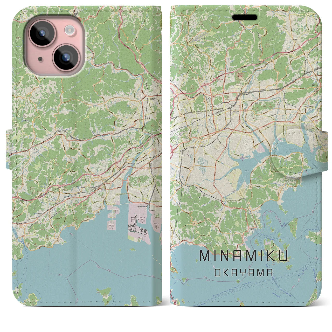 【南区(岡山市)】地図柄iPhoneケース(手帳タイプ)ナチュラル・iPhone 15 Plus 用