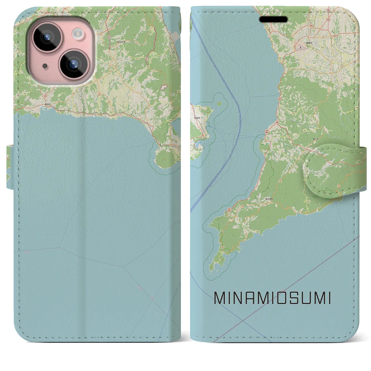 【南大隅(鹿児島県)】地図柄iPhoneケース(手帳タイプ)ナチュラル・iPhone 15 Plus 用