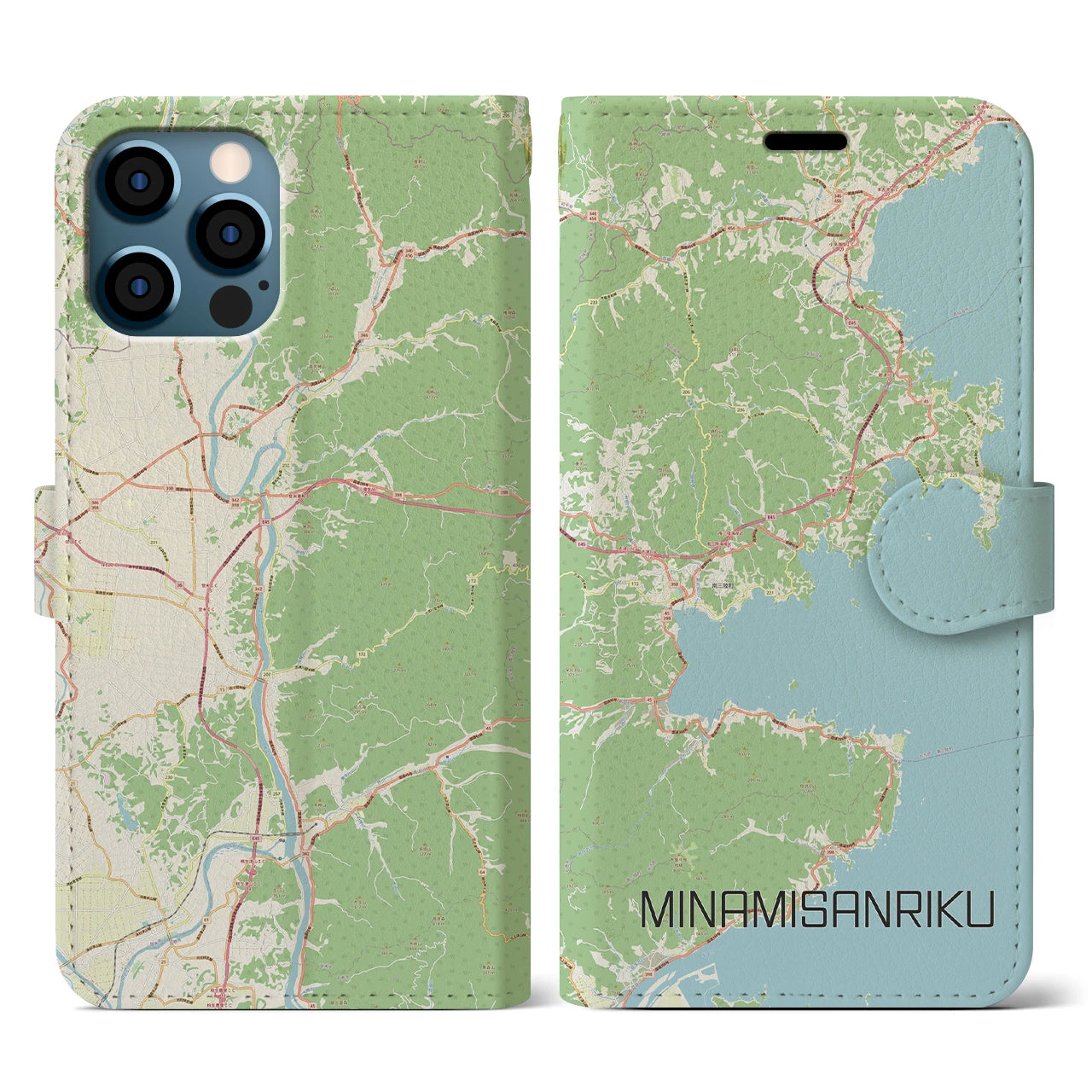 【南三陸(宮城県)】地図柄iPhoneケース(手帳タイプ)ナチュラル・iPhone 12 / 12 Pro 用