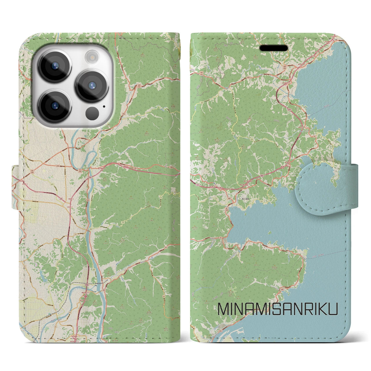 【南三陸(宮城県)】地図柄iPhoneケース(手帳タイプ)ナチュラル・iPhone 14 Pro 用
