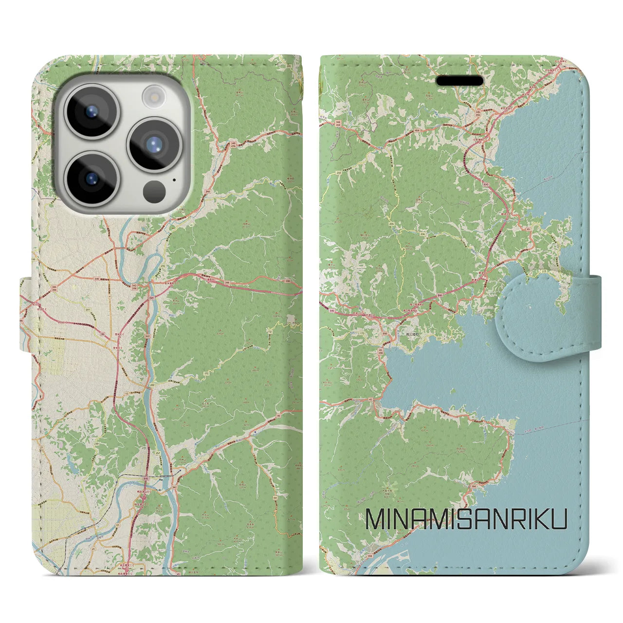 【南三陸(宮城県)】地図柄iPhoneケース(手帳タイプ)ナチュラル・iPhone 15 Pro 用