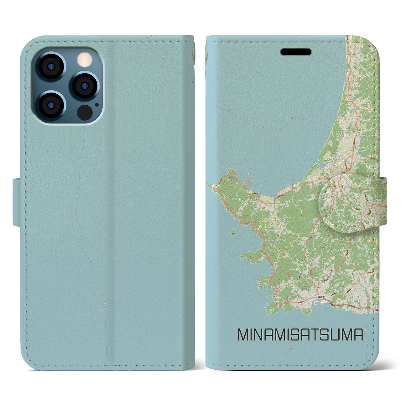 【南さつま(鹿児島県)】地図柄iPhoneケース(手帳タイプ)ナチュラル・iPhone 12 / 12 Pro 用