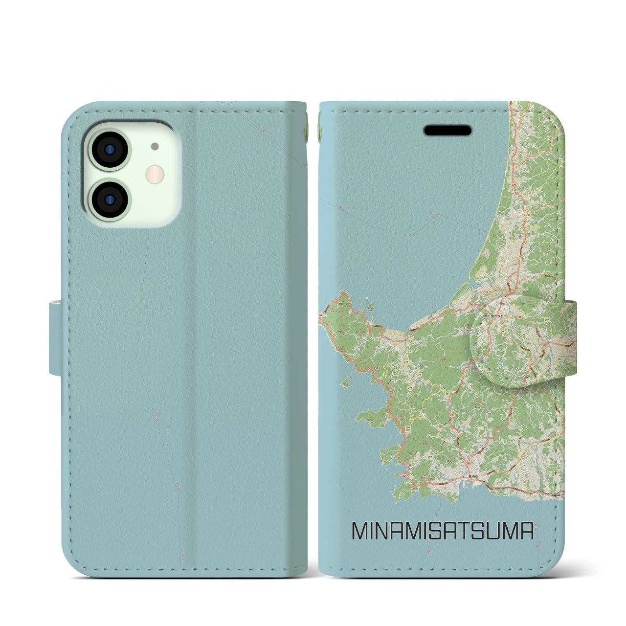 【南さつま(鹿児島県)】地図柄iPhoneケース(手帳タイプ)ナチュラル・iPhone 12 mini 用