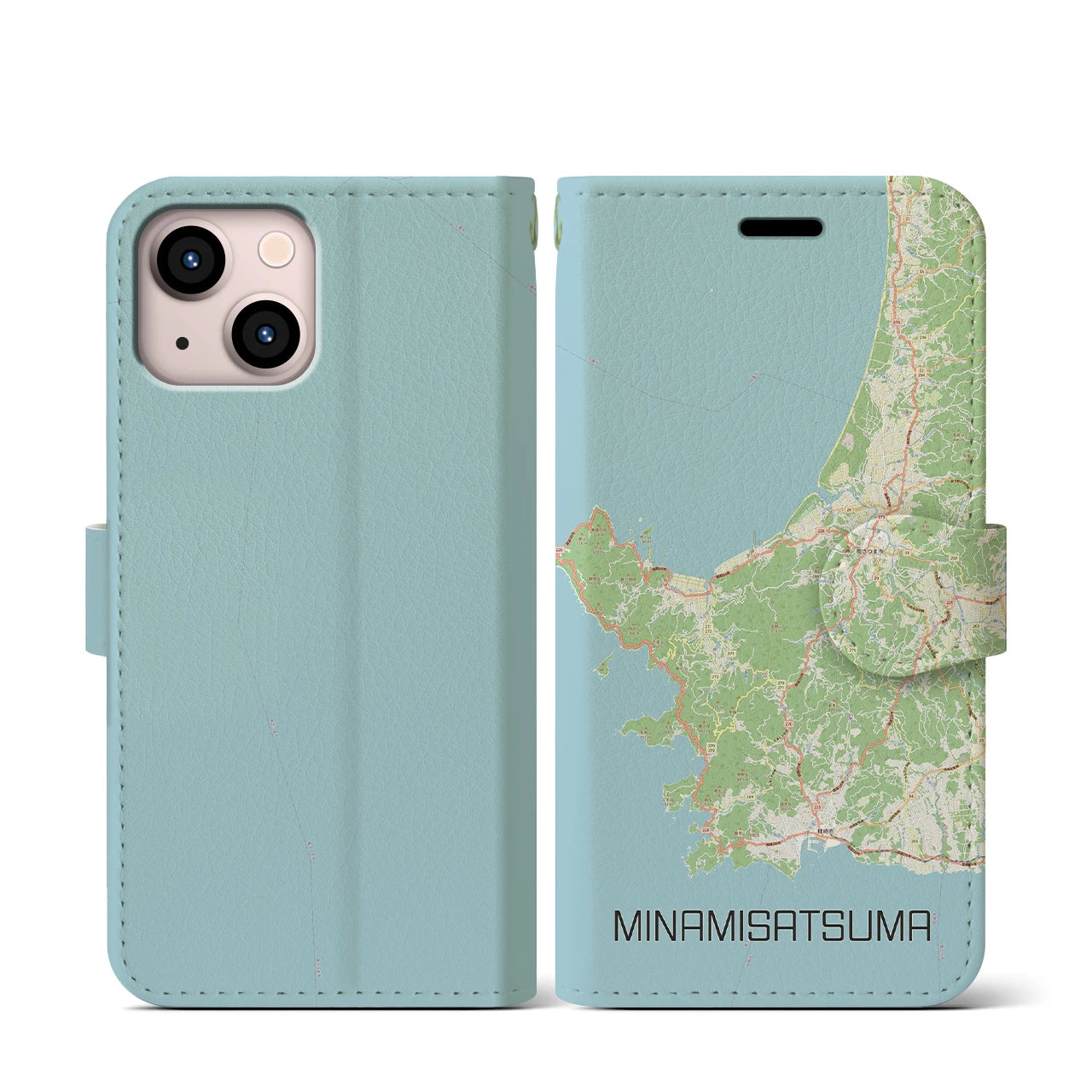 【南さつま(鹿児島県)】地図柄iPhoneケース(手帳タイプ)ナチュラル・iPhone 13 mini 用