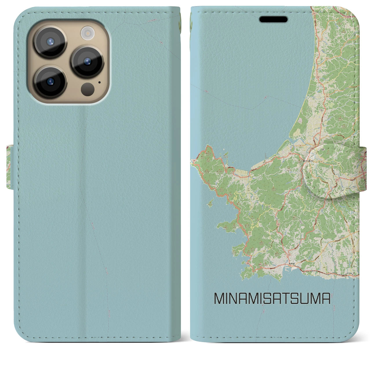 【南さつま(鹿児島県)】地図柄iPhoneケース(手帳タイプ)ナチュラル・iPhone 14 Pro Max 用