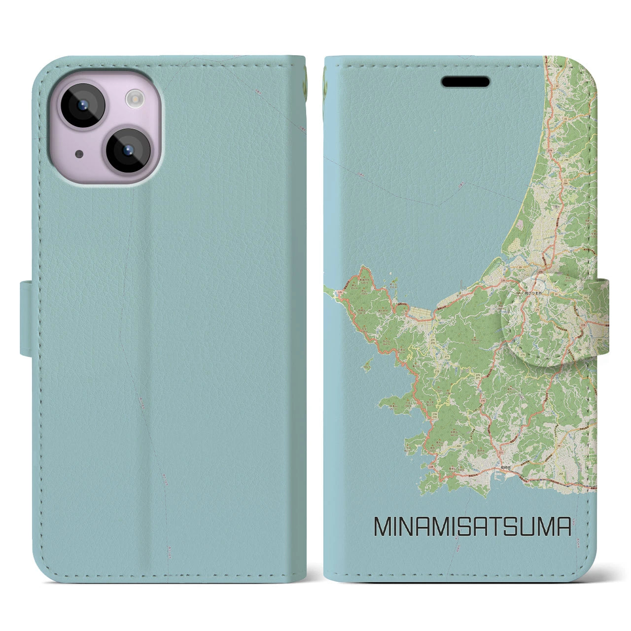 【南さつま(鹿児島県)】地図柄iPhoneケース(手帳タイプ)ナチュラル・iPhone 14 用