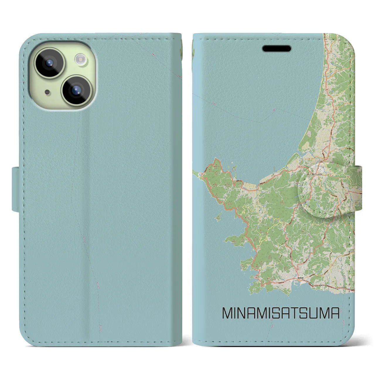 【南さつま(鹿児島県)】地図柄iPhoneケース(手帳タイプ)ナチュラル・iPhone 15 用