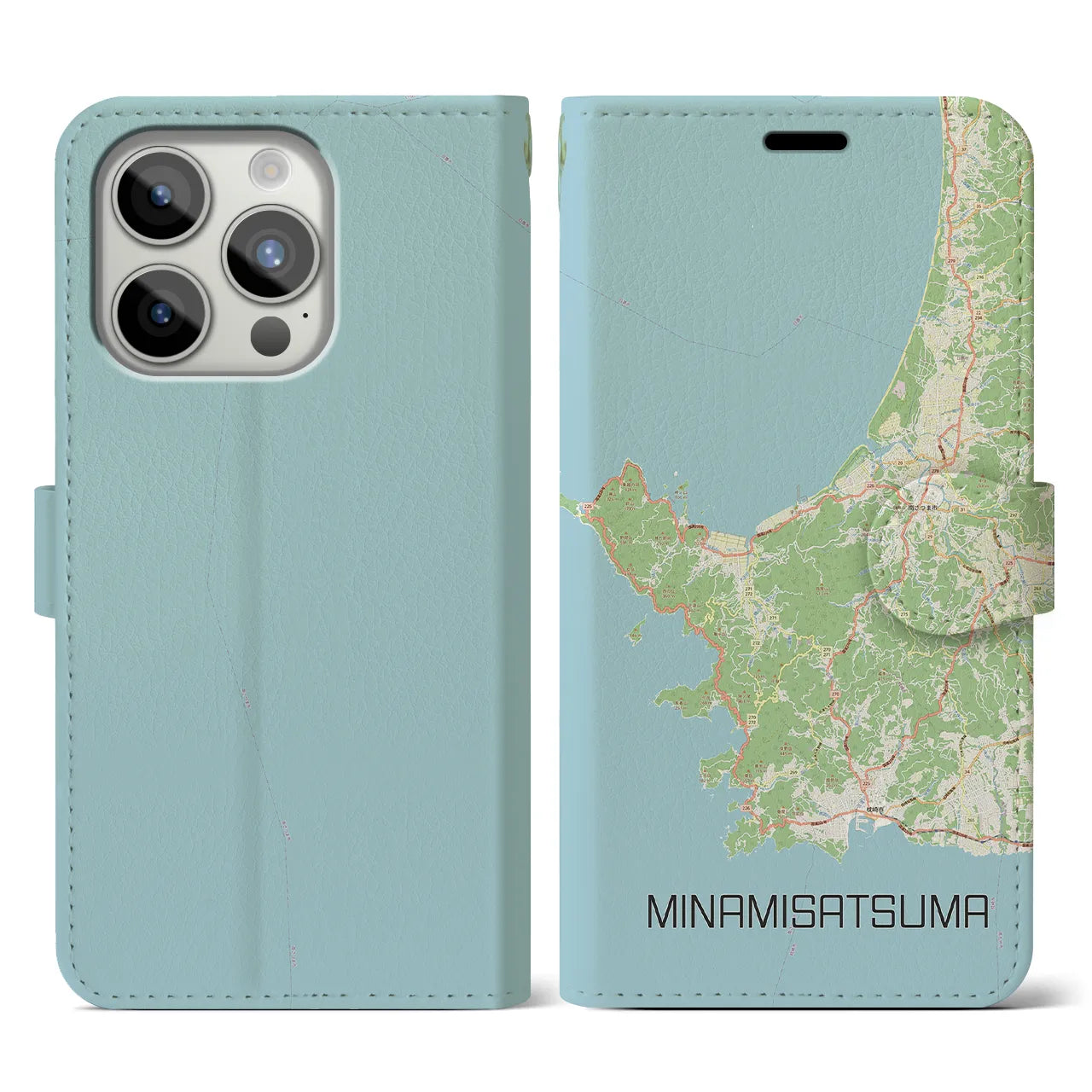 【南さつま(鹿児島県)】地図柄iPhoneケース(手帳タイプ)ナチュラル・iPhone 15 Pro 用