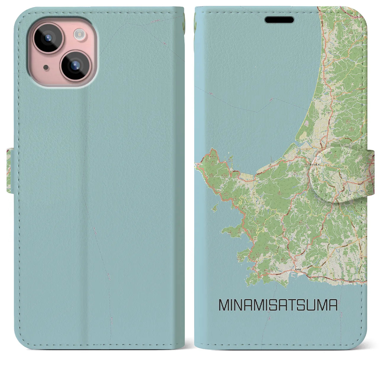 【南さつま(鹿児島県)】地図柄iPhoneケース(手帳タイプ)ナチュラル・iPhone 15 Plus 用