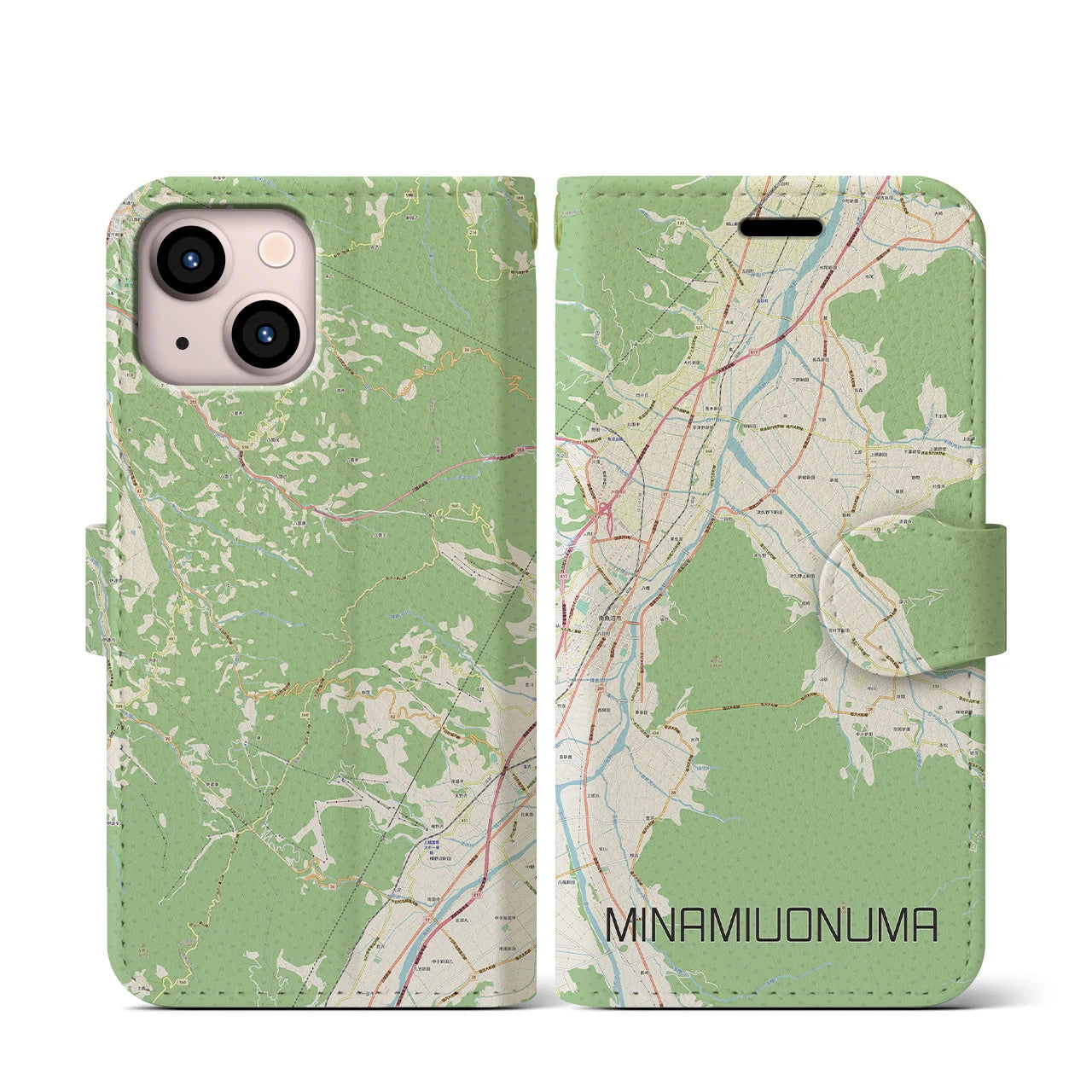 【南魚沼(新潟県)】地図柄iPhoneケース(手帳タイプ)ナチュラル・iPhone 13 mini 用